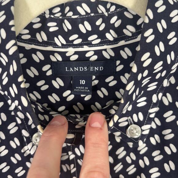 Lands End Shirt 10 Navy White Button Cotton‎ Stretch Sailor Career Office Casual - Picture 5 of 12